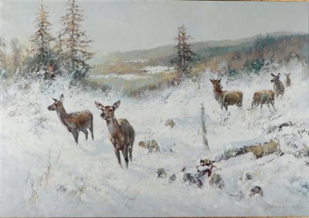 German School, A herd of deer in the snow, signed "Klausmaier" (lower right),...