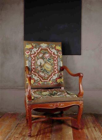 A large Louis VX style throne chair with embroidered upholstery. Late 19th...