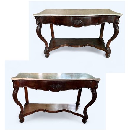 A pair of large Italian console tables with drawers, white marble top,...