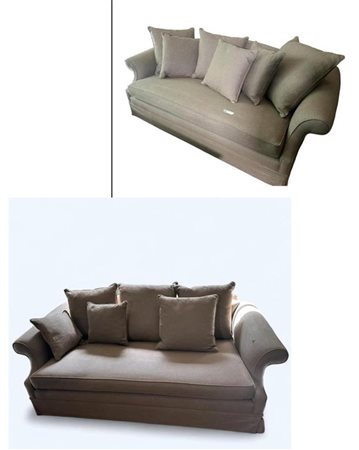 A set of (2) taupe fabric upholstered sofas. Height 65 cm. xWidth 200 cm....