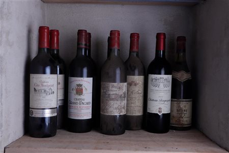 A lot of nine red wines, including Bordeaux and a Burgundy.