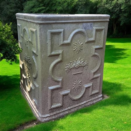 A traditional cast lead cistern or planter, with geometric motifs including...