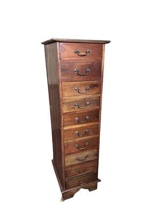 A mahogany veneered English chest of drawers / filing cabinet with 10...