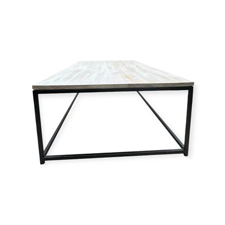 A welded steel coffee table with a teak top. 160 x 73 x 42 cm.