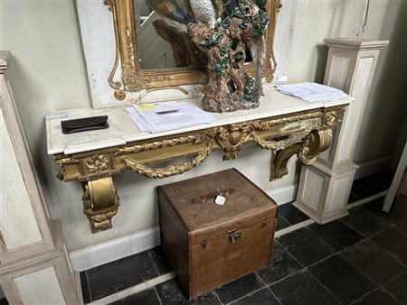 A Louis XV carved and gilded gesso wall console with white marble top, 18th...