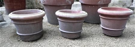 A lot of (3) Italian hard-baked terracotta garden vases. Height 40 cm. x...