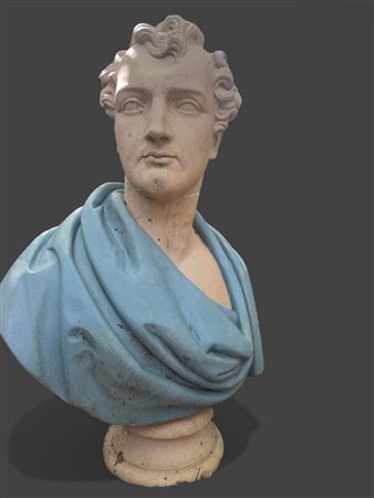 A large, polychrome bust of Lord Byron (1788 - 1924), made of cast stone....