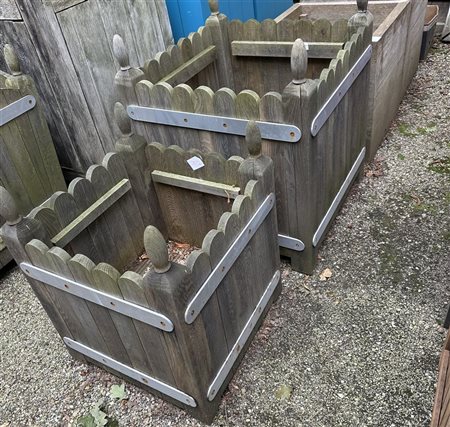 A lot of (2) greyed teak planters with galvanised iron fittings. Various...