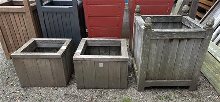 A lot of (3) various greyed teak planters