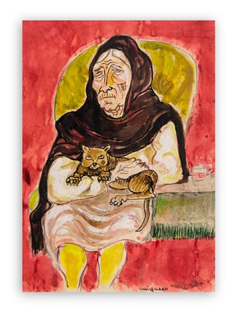 GIUSEPPE MIGNECO (1908-1997) - Vecchia col gatto, fine anni '70