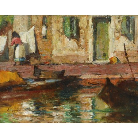 Eugenio Bonivento (Chioggia 1880-Milano 1956)  - Donna che stende i panni nel canale con barche, 20° secolo