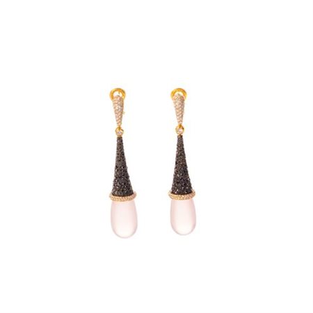 Orecchini in oro rosa con diamanti brillanti black e quarzo rosa