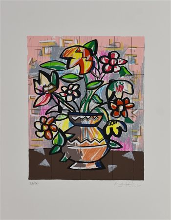 Ibrahim Kodra VASO DI FIORI serigrafia, cm 50x35; es. 37/80 firma e tiratura