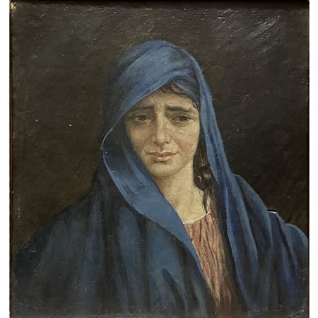 Camillo Rasmo (attr.), Figura di donna addolorata, olio su tavola, cm 44x40....