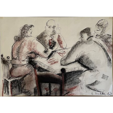 O. Winkler , Partita a carte (1972), disegno a china colorata, cm 24,5x34