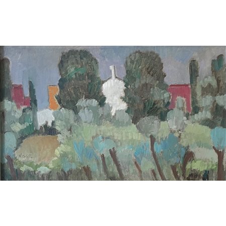 Nando Coletti , Campagna a primavera (1963) olio su tela, cm 39x65. In cornice