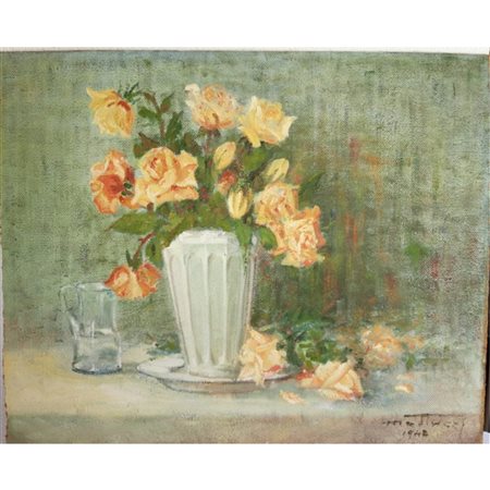 Guido Mattuzzi, Vaso di fiori con al retro autoritratto, 1948, olio su tela....