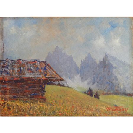 Guido Mattuzzi, Baita con panorama (prob. Alpe di Siusi), olio su tela. In...