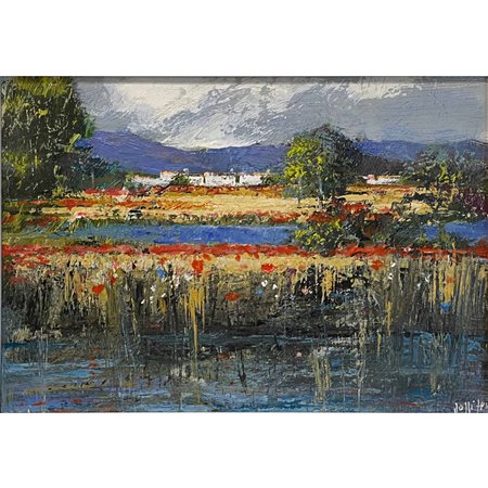 Annamaria Rossi Zen, Campagna silente, 2023, olio su cartone, 25x35. In cornice