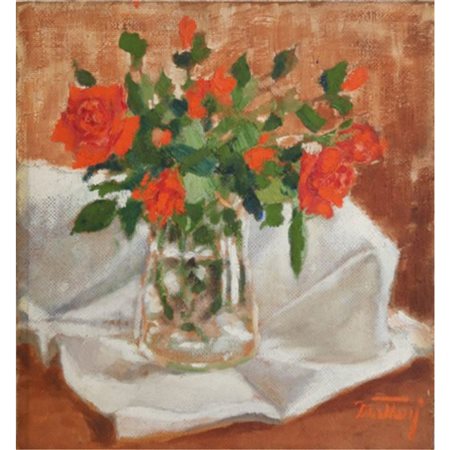 Guido Mattuzzi, Vaso di rose rosse, olio su tela. In cornice