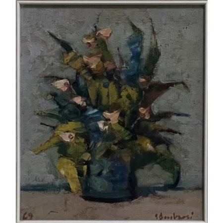 Elmo Ambrosi, Vaso con fiori, 1969, olio su tela, cm 30x25. In cornice