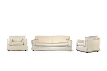  
Set di divano e poltrona vintage 1970s
Tessuto originale bianco Divano, 220 L x 80 H x 90 D cm;  

Poltrona  L 102 x H 80 x 93 D cm.