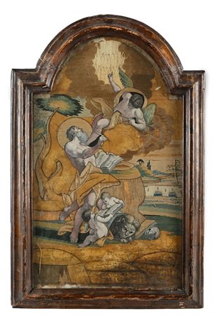 San Girolamo e angeli, fine del XVIII secolo realizzato con fili ocra, gialli...