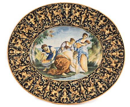 Grande piatto ovale in maiolica policroma, XIX secolo al centro è raffigurato...