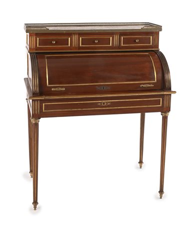 Bureau cylindre da parete in mogano, Francia, XIX secolo piano in marmo rosso...