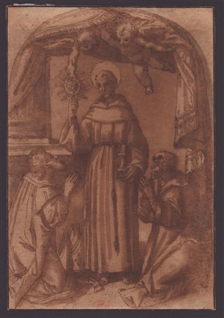 San Bernardino da Siena con due figure inginocchiate Scuola emiliana del XVI...