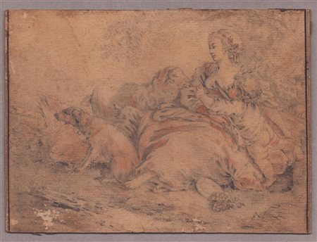 Pastorella con babino e cani artista francese del XVIII secolo Sanguigna e...