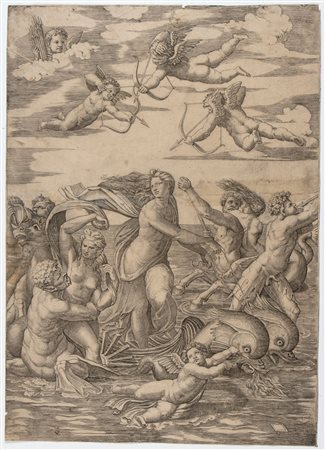 Marcantonio Raimondi (c. 1480 - 1534) Galatea dall'affresco di Raffaello ella...