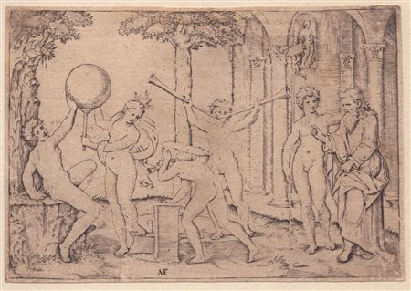 Marcantonio Raimondi (c. 1480 - 1534) Un uomo con due trombe Bulino, 83 x 120...