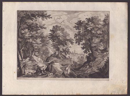 Jan (Johannes) Sadeler (1550 - 1600) Paesaggio con caccia alla lepre da Paul...