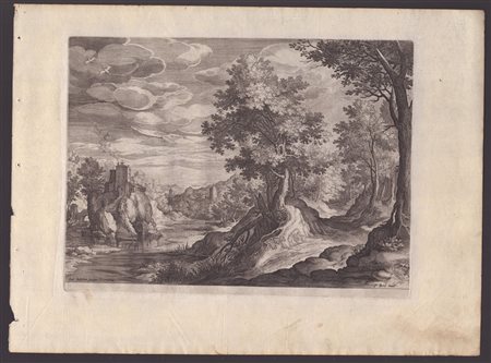 Jan (Johannes) Sadeler (1550 - 1600) Paesaggio con castello su roccia in riva...