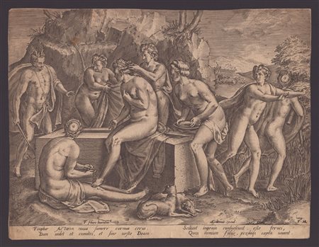 Frans Menton (1568 - 1615 fl.) Diana e le ninfe sorprese da Atteone da un...