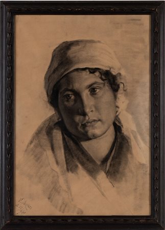 Donna in costume sardo Carboncino su carta, 47 x 32 cm. Firmato e datato in...