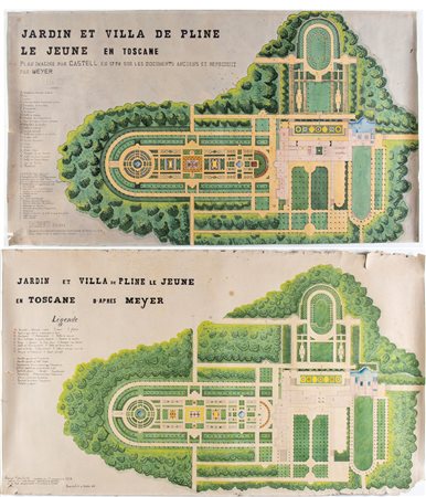 Jardin et Villa de Pline le Jeune en Toscane d'apres Meyer 1923 Acquarello e...