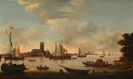 Hendrick De Meyer I 1620-1690 Vista di Dordrecht dal fiume Maas olio su...