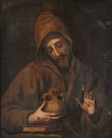 Scuola Romana del XVII secolo San Francesco orante olio su tela cm 76x62 -...