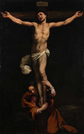 Pittore del XVIII secolo Cristo in croce con la Maddalena olio su tavola cm...