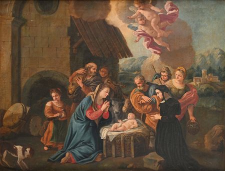 Scuola veneta del XVIII secolo Natività olio su tela cm 49x62 con cornice cm...