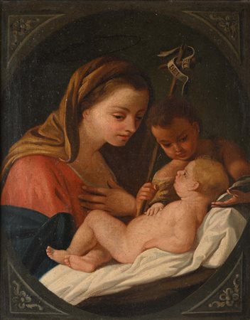 Scuola Romana del XVIII secolo Madonna con Bambino e San Giovannino Olio su...