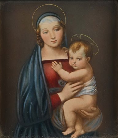 Pittore del XIX secolo Madonna con bambino Olio su cartone cm 15x13 con...