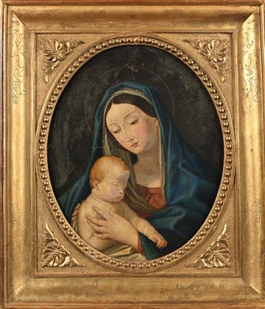 Pittore del XVIII secolo Madonna con bambino olio su tela cm 38x30 in cornice...