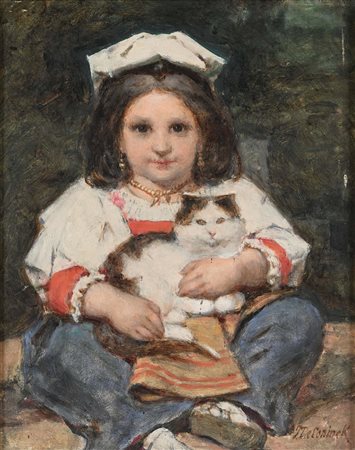 Pierre Louis Joseph de Coninck 1828-Metern 1920 Bambina con gatto Firmato in...