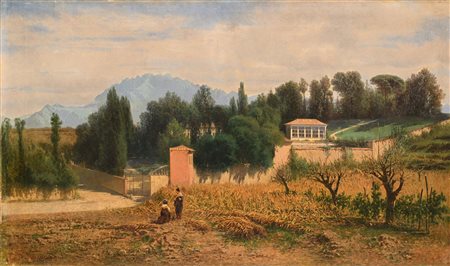 Achille Formis Befani Napoli 1832-1906 Paesaggio con figure e villa Firmato...