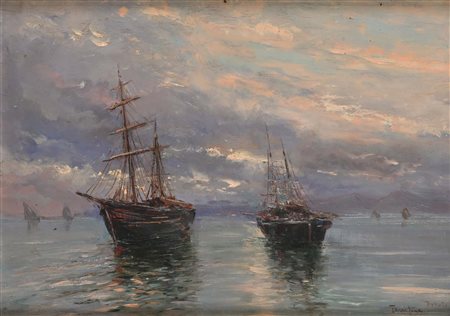 Fulvio Tessitore Massalubrense 1870-Napoli 1933 Marina con velieri Firmato in...