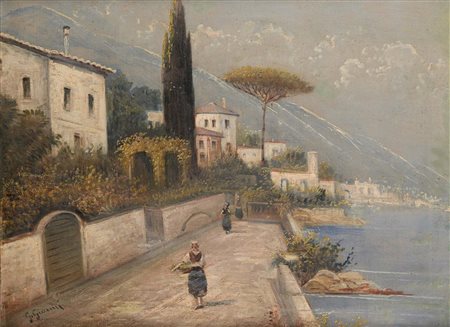 Girolamo Gianni Napoli 1837-Malta 1896 Gianni - Veduta lungo mare olio su...