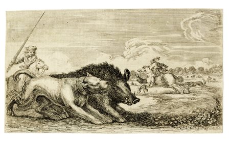 Stefano Della Bella, La caccia al cinghiale. 1654. Acquaforte. mm 147x253. De...